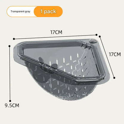 Magnetic draining triangular kitchen sink filter for storing food scraps, leftovers, and kitchen waste.