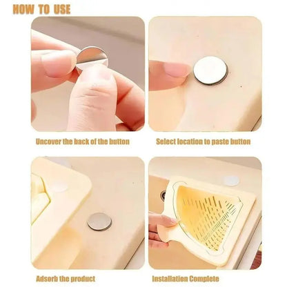 Magnetic draining triangular kitchen sink filter for storing food scraps, leftovers, and kitchen waste.