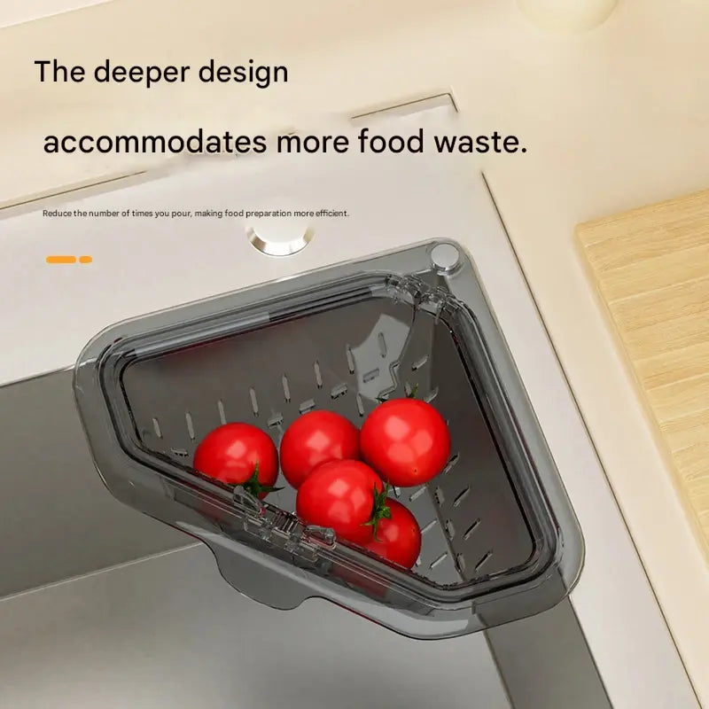 Magnetic draining triangular kitchen sink filter for storing food scraps, leftovers, and kitchen waste.