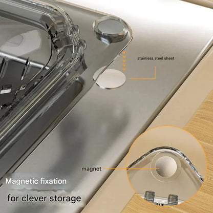 Magnetic draining triangular kitchen sink filter for storing food scraps, leftovers, and kitchen waste.